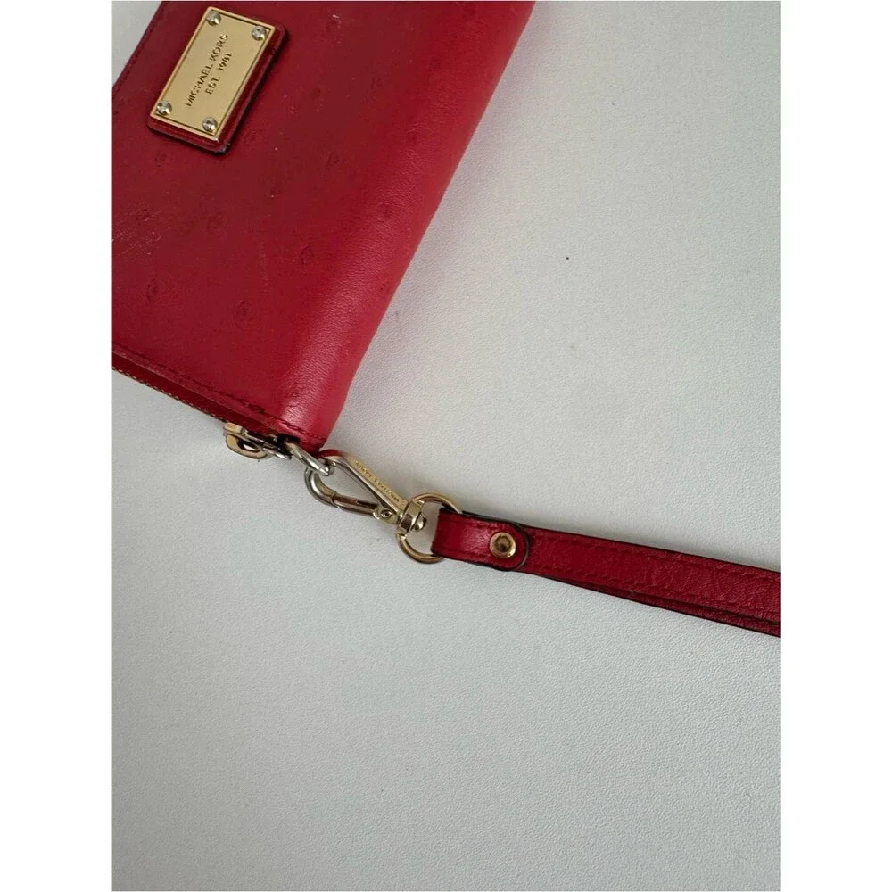 Michael Kors Red Ostrich Embossed Zip Leather Wristlet